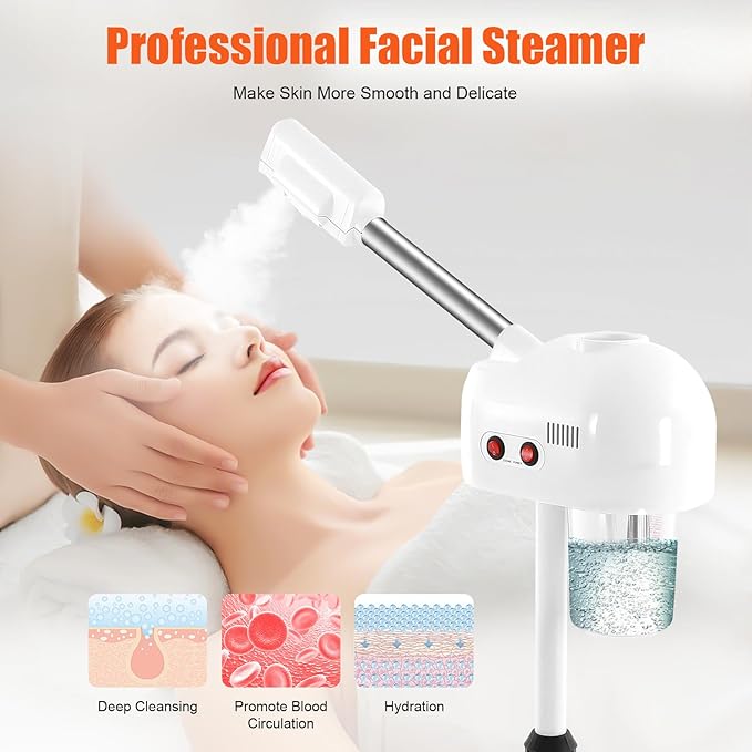 Professional Facial Steamer, 800W White Skin Care Equipment w/Wheels, 750ml Large Capacity Face Steamer Machine for Beauty Salon, Adjustable Height Hot Mist Steamer for Oily Dry Neutral Skin