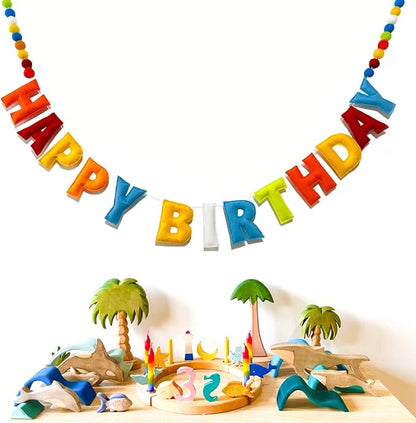Pre-Strung Reusable 3D Happy Birthday Banner Sign, Rainbow Felt Ball Garland | - Image 8