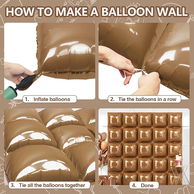 NISOCY 25PCS Brown Square Foil Balloons Wall Backdrop | Double Sided Balloon - Image 4