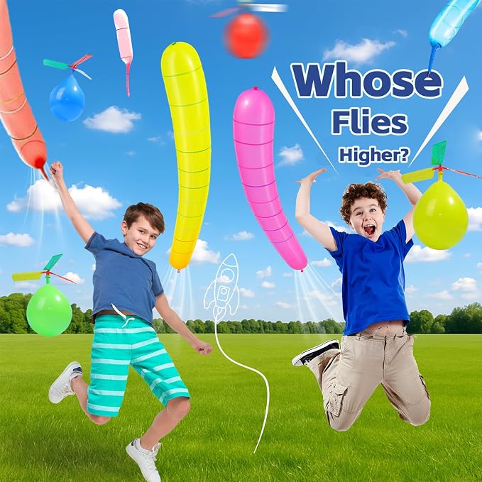 100 Rocket Balloons with 2 Pumps and 5 Helicopter Balloon Toys | Whistling - Image 2