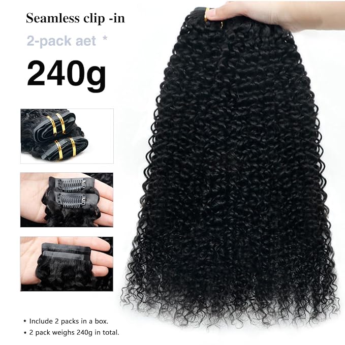 Curly Clip in Hair Extensions Real Human Hair 2 Pack 240g Seamless Clip in Hair Extensions for Women Full Max with 16Pcs PU Skin Weft 20inch Natural Black