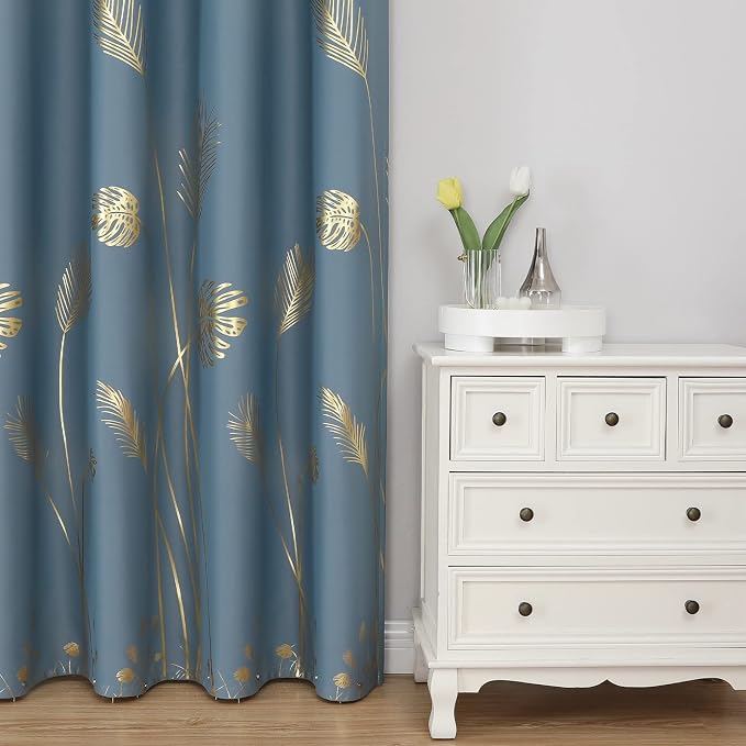 Stone Blue Blackout Curtains for Bedroom, Room Darkening Gold Palm Tree Pattern - Image 2
