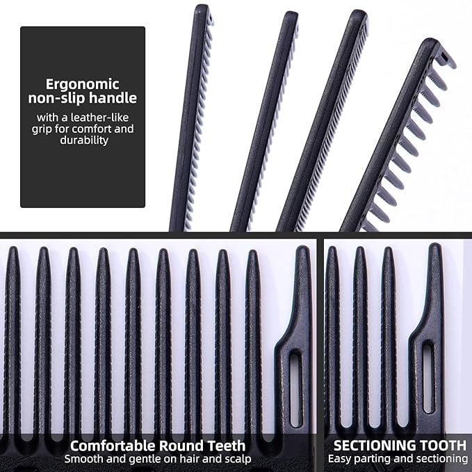 PERFEHAIR 2-Pack Professional Round Tooth Hair Cutting Comb - 8.6 Inch, Black Carbon Fiber Anti-Static & Heat Resistant, Durable Barber Combs with Fine & Wide Tooth for Precise Haircut for Men & Women
