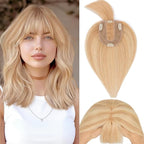 Rich Choices Real Human Hair Toppers for Women With Bang 100% Remy Human Hair Topper for Thinning Hair Clip in Silk Base Hair Topper 14 Inch #18P613 Ash Blonde Mix Bleach Blonde