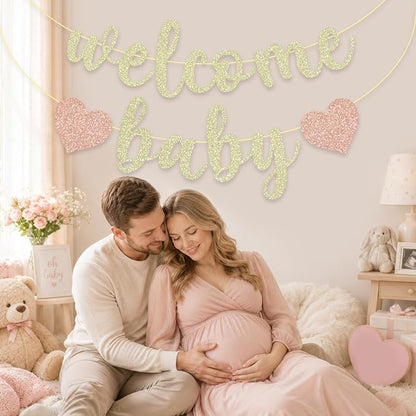 Pre-Strung Welcome Baby Banner | Champagne Gold Glitter Baby Shower Decorations - Image 6