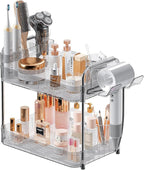 Bathroom Countertop Organizer,Makeup Counter Organizer With Hair Dryer Holder,Compatible with Dyson Blow Dryer,Electric Toothbrush And Toothpaste Holder,2-Tier Detachable Design,Transparent