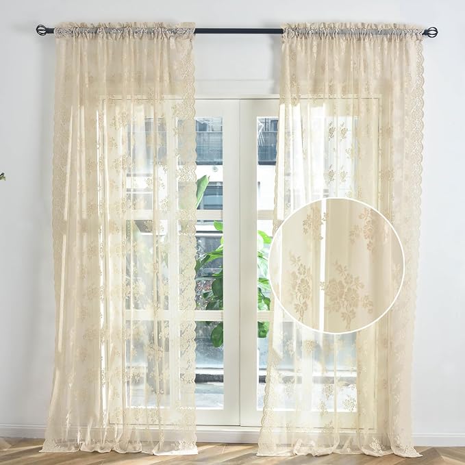 Kotile Beige Lace Sheer Curtains - Image 6