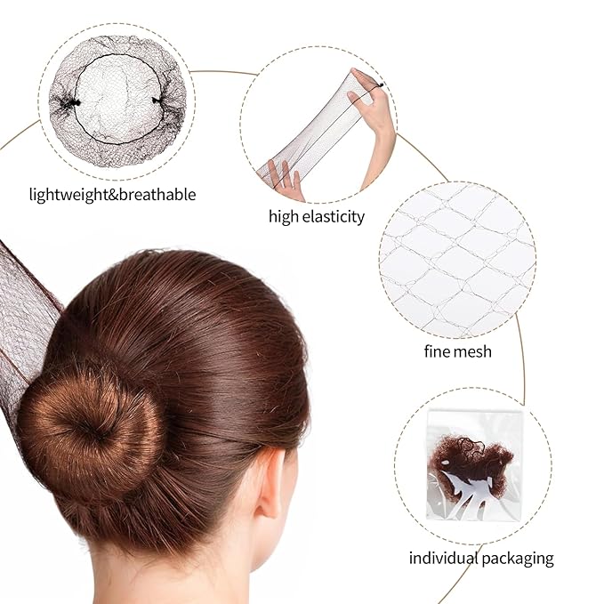 80Pcs Hair Net Set，30 Invisible Elastic Nylon Hair Net，40 U-Shaped Hair Pins and 10 Elastic Hair Ties,Perfect for Ballet Bun, Food Service, and Everyday Use（Brown）