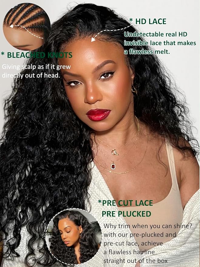 KLAIYI Bye Bye Knots Glueless Wig Pre Cut Water Wave HD Lace Front Wigs Human Hair Pre Bleached Pre Plucked Ready to Go Wigs for Women 30S Easy to Wear Put On and Go Curly Wig Beginner Friendly 16Inch