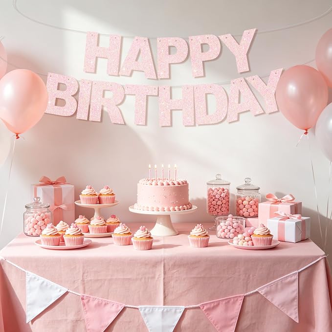 BEISHIDA Pre-Strung Light Pink Happy Birthday Banner Party Sign Decoration | - Image 4