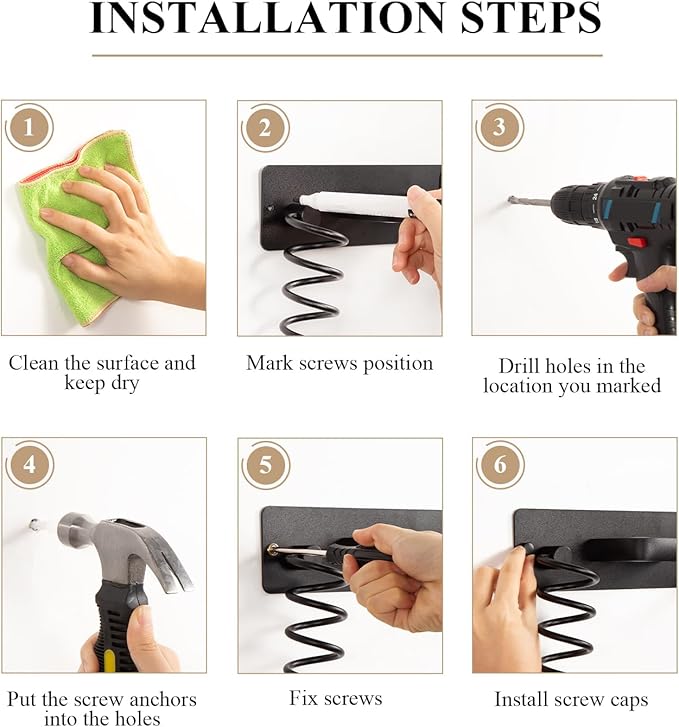 BSICPRO Hair Dryer Holder-3 in 1 Blow Dryer Holder-Metal Bathroom Hair Tool Organizer Wall Mounted-Bathroom Organizer for Hairdryer Curling Iron Flat Iron (Black)