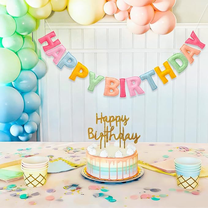 Pre-Strung 3D Pastel Felt Happy Birthday Banner, Macaron Birthday Garland | - Image 2