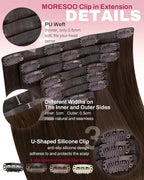 Moresoo Medium Brown Seamless Pu Clip in Hair Extensions Human Hair Brown Straight for Remy Human Hair Clip in Extensions Pure Weft Invisible for Women Daily 120grams 7pcs 18in