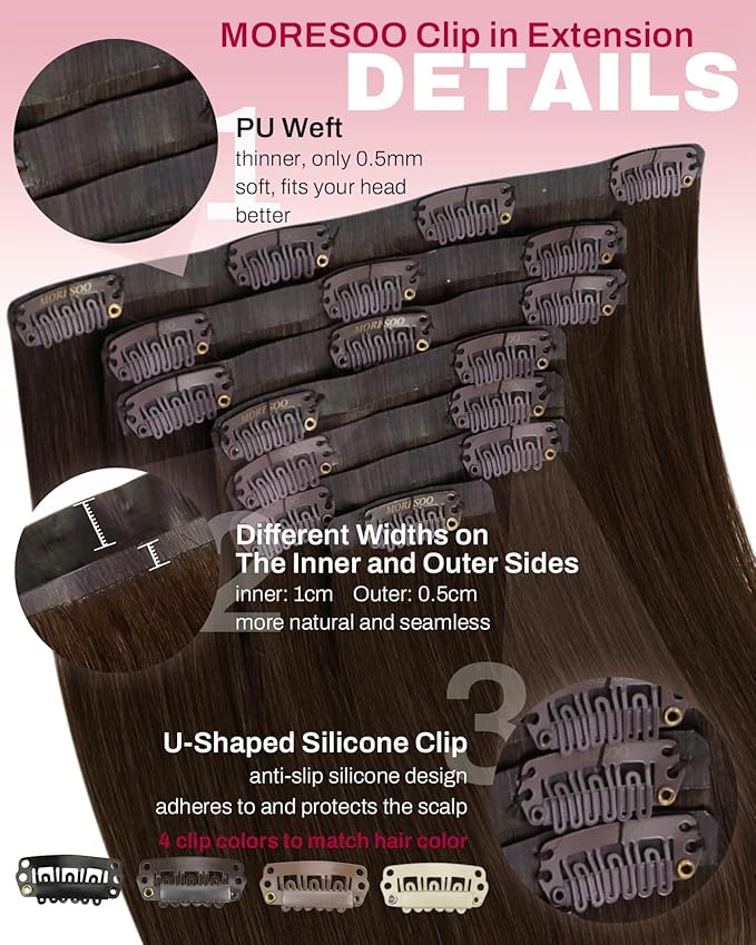 Moresoo Medium Brown Seamless Clip in Hair Extensions Human Hair Brown Hair Extensions Clip ins Straight Pure Weft Invisible for Women Long 120g/7pcs 16 inch