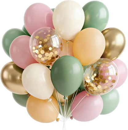 PartyWoo Pink and Green Balloons 66pcs Metallic Green Dusty Pink Balloons | by PartyWoo