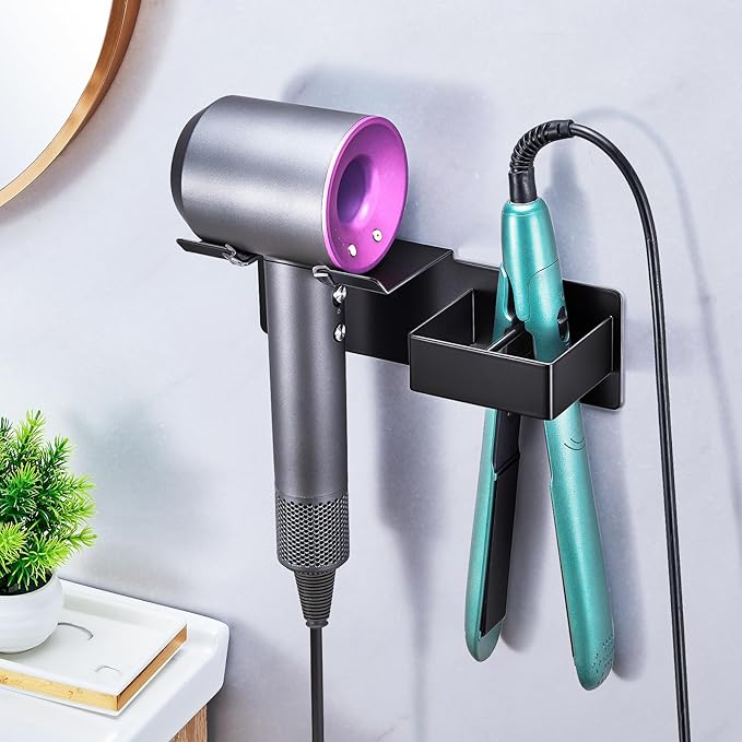 Hair Dryer Holder Wall Mounted, Hair Straightener Holder Metal, Adhesive Blow Dryer and Hair Straightener Holder, Bathroom Bedroom Hair Tool Organizer for Flat Iron,Curling Iron,Hairdryer