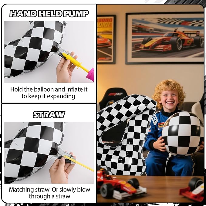 40 Inch Checkered 4 Balloons, Boys Girls Racing Car Track Theme Supplies - Image 3