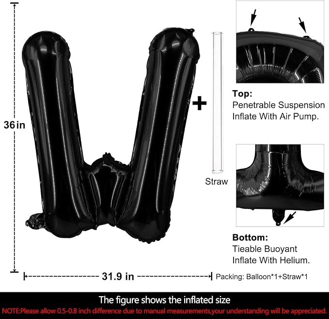 Lovoir 40 Inch Large Black Letter W Balloons Big Size Jumbo Mylar Foil Helium - Image 2