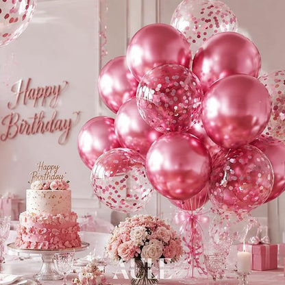 AULE 42Pcs Metallic 12 Inch Pink Confetti Balloons Set | Pink Party Balloons - Image 5