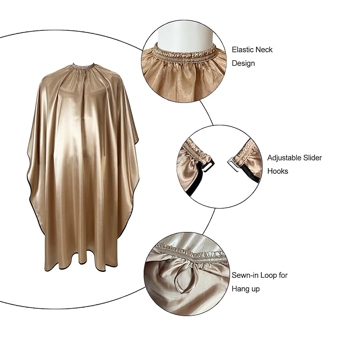Salon Styling Capes for Clients, Hair Dye Cutting Capes with Elastic Hooks, Waterproof Light Weight Satin Sheen Styling Cape Barber Gown for Stylist, 63”*56”(Champagne Color)
