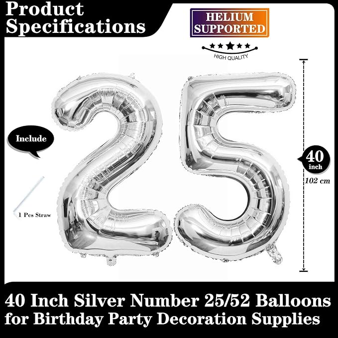 Silver 25 Number Balloons, 40 Inch Giant Number 25 Balloons Foil Mylar Helium - Image 2