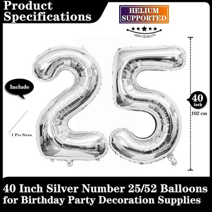 Silver 25 Number Balloons, 40 Inch Giant Number 25 Balloons Foil Mylar Helium - Image 2
