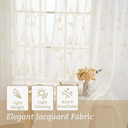 Sheer Curtains Boho Leaf Floral Embroidered Cream Beige 54Wx63L | Light - Image 4