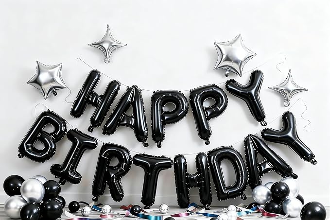 Black Happy Birthday Balloons Banner Sign Mylar letter Party Decoration | - Image 2