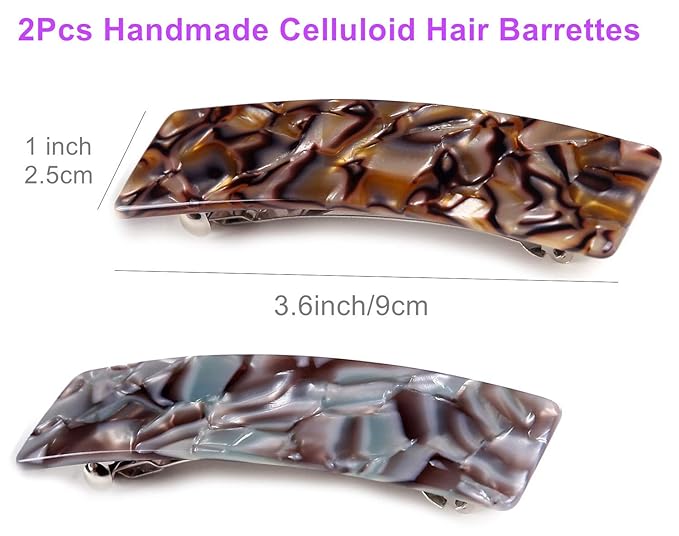 2PCS Hair Barrettes Tortoise Shell French Design Celluloid Rectangle Hair Clips for Women