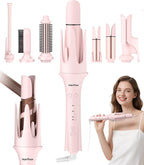 7 in 1 Automatic Curling Iron Interchangeable Barrels -0.5",1", 1.25", 1.5" Curling Wand, Hair Crimper & Straightening Brush,& Rotating Curler, 300M Negative Ions & Dual Voltage, Home & Travel