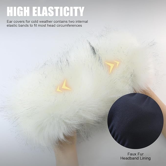 Faux Fur Headband for Women Elastic Fuzzy Thick Earmuffs Winter Headwrap Ear Muffs Furry Ear Warmers Cold Weather (White 2)