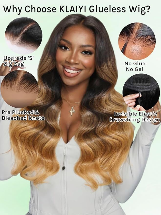 KLAIYI Ombre Highlight Blonde Loose Wave Pre Everything Glueless 13x4 Lace Front Wigs Human Hair Drawstring Balayage Brown Pre Cut Pre Plucked Bleached Ready to Wear and Go Wig with Dark Roots 22Inch