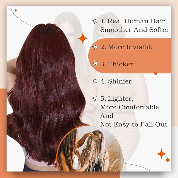 Full Shine Tape in Extensions Wine Red Tape in Hair Extensions Human Hair for Women 16 Inch Human Hair Extensions Seamless Skin Weft Tape ins Human Hair 50 Gram 20 Pcs Burgundy Hair Extension