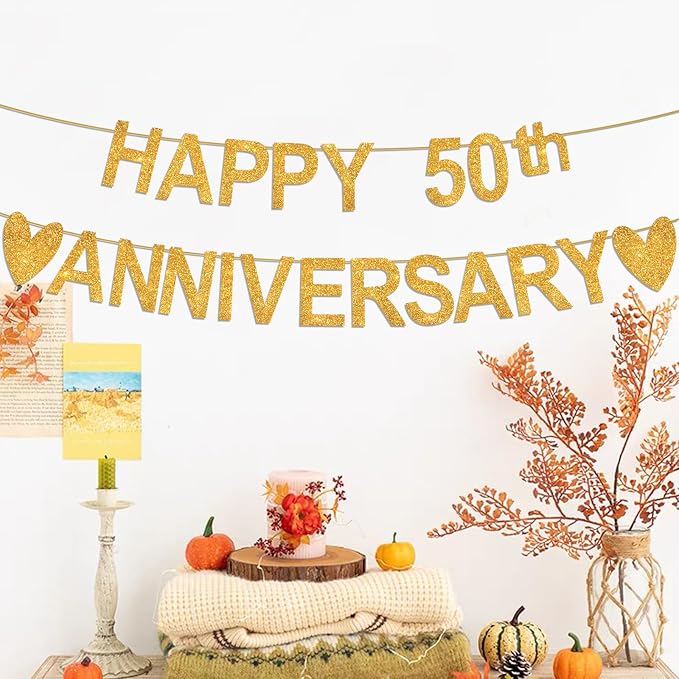 Happy Anniversary Banner, Custom Gold Glitter 10 20 30 40 50 60 70 80 90th Any - Image 4
