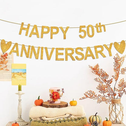 Happy Anniversary Banner, Custom Gold Glitter 10 20 30 40 50 60 70 80 90th Any - Image 4