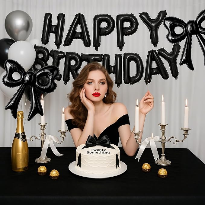 Black Happy Birthday Balloons, 31”Huge Black Bow Aluminum Foil Balloon Banner - Image 2