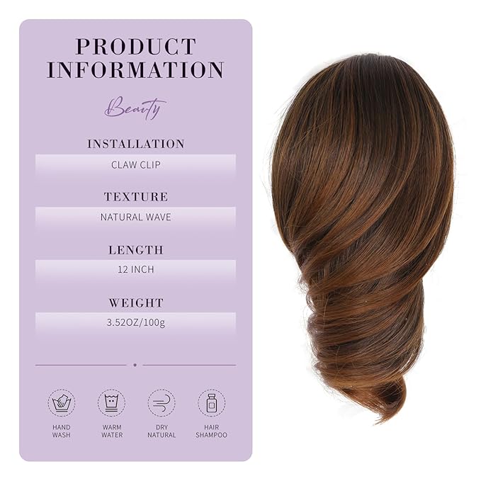 12 Inch Short Ponytail Extension - Clip in Ponytail Hair Extensions, Curly Wavy Pony Tails Hair Extensions, Synthetic Claw Clip Ponytail Extension for Women (Color: Copper Brown)