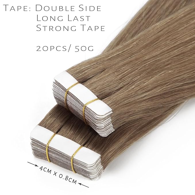 Lacer Hair Extensions Tape in Human Hair Chestnut Brown Skin Weft Remy Tape in Hair Extensions 20 Inch Full Thick Ends Adhesive Hair Pieces for Women 50g/20pcs