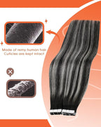 Sunny Hair Tape in Hair Extensions Real Human Hair Invisible Remy Hair Extensions Tape ins for Women Ombre Natural Black Root to Sliver Grey 22 inch 25G