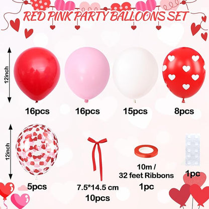 60 Pcs Pink and Red Balloons, 12 Inch Red Heart Printed Latex Balloon, Pastel - Image 2