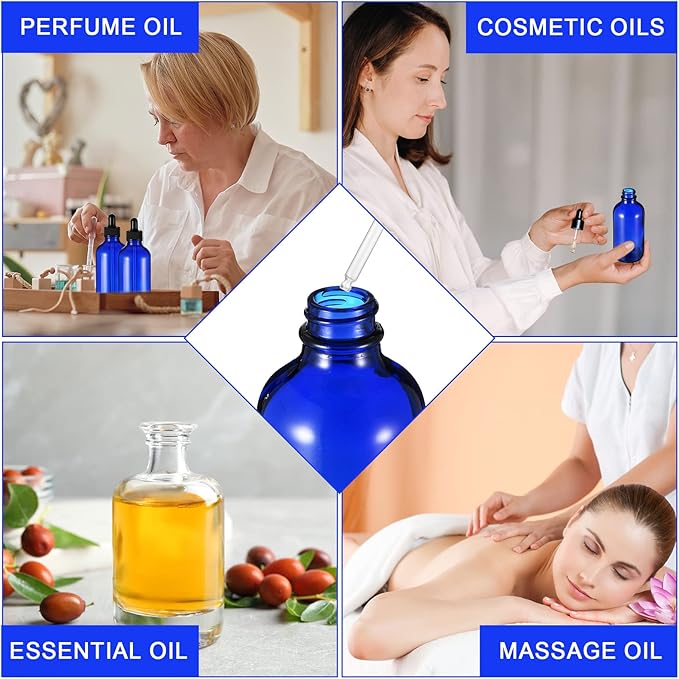 Dandat 50 Pack 4 oz Glass Dropper Bottles Leakproof 120 ml Glass Tincture Bottles with Eye Droppers, 4 Funnels, 54 Labels for Essential Oil Perfumes Hair Oil(Blue)