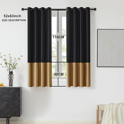 Black Gold Velvet Blackout Curtains Luxury Decor 63 inches, Color Block | - Image 6