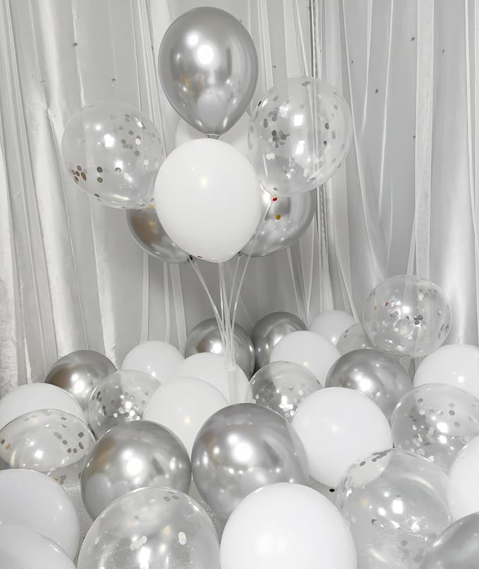 300 Pack White and Silver Balloons 12 Inch Silver Confetti Balloon - Image 4
