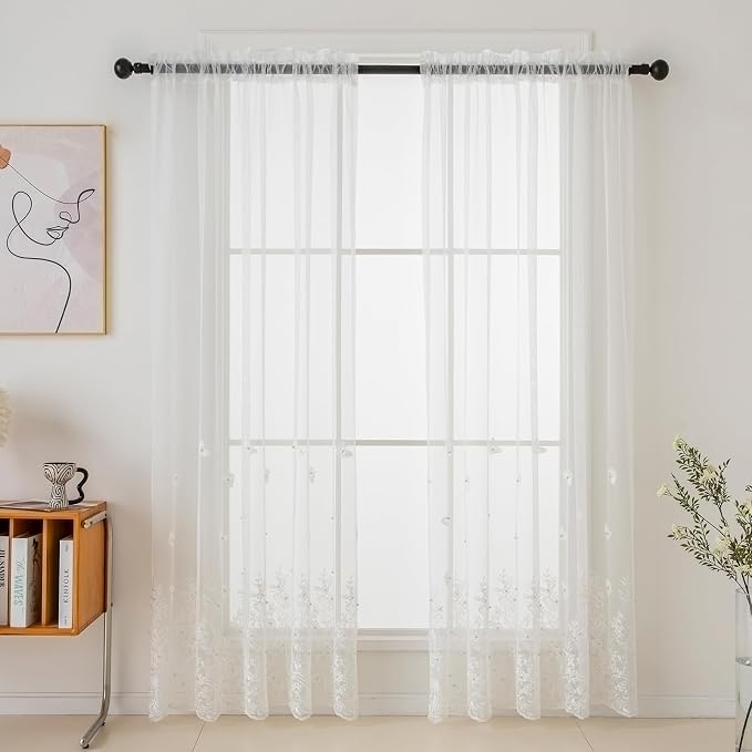 White Sheer Voile Curtains White Embossed Butterflies 96 Inches | Light - Image 7