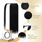 Ve Sunny Hair Extensions Ponytail Real Human Hair Wrap Around Clip in Ponytail Hair Extensions Straight Extensions Human Hair for Women Jet Black 16inch 80G