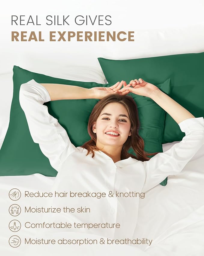 THXSILK 100% Mulberry Silk Pillowcase for Hair and Skin Heath, Best Gift Choice, Grade 6A+ Silk Both Sides, Hypoallergenic Pillow Cover with Zipper, 1pc (King 20"x36", Emerald Green)