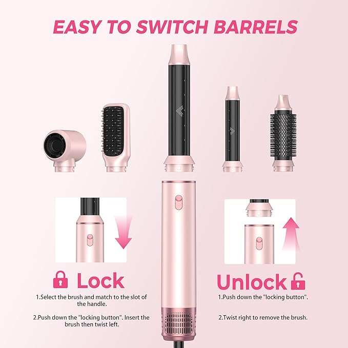 5 in 1 Hair Dryer Brush Set, Hot Air Styler, Detachable Blow Dryer Brush, 3 Heat Settings Auto Curling Wrap Styler, Ionic Hair Styling Tools, Straight Curl Dry Volumiz Smooth (Pink)