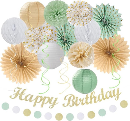 Champagne-Gold White Sage-Green Women Birthday Decorations Huglony | 21pcs Boho by Huglony