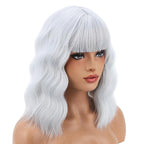 BERON 14 Inches Silver White Wig with Bangs for Women Short Curly Synthetic Wig Hairnet Included