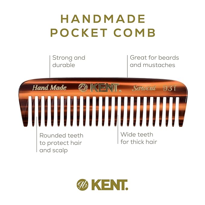 Kent 93T Tortoiseshell Beard Comb for Men - Wide Tooth Men's Comb, Ideal For Mustaches and Beards and Facial Hair, Small Pocket Sized Travel Detangler Combs, Saw-Cut, Hand Polished, Made in England
